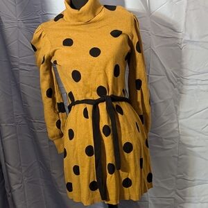 Polka Dot Turtleneck Dress - Mustard and Black